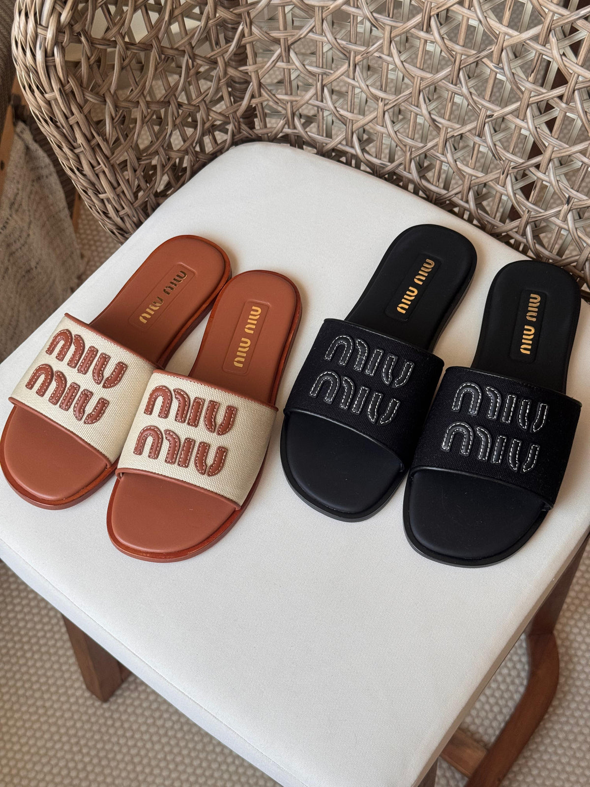 Miu Miu Canvas and leather slide sandals