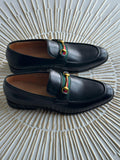 Gucci Black Leather Web Horsebit Loafers