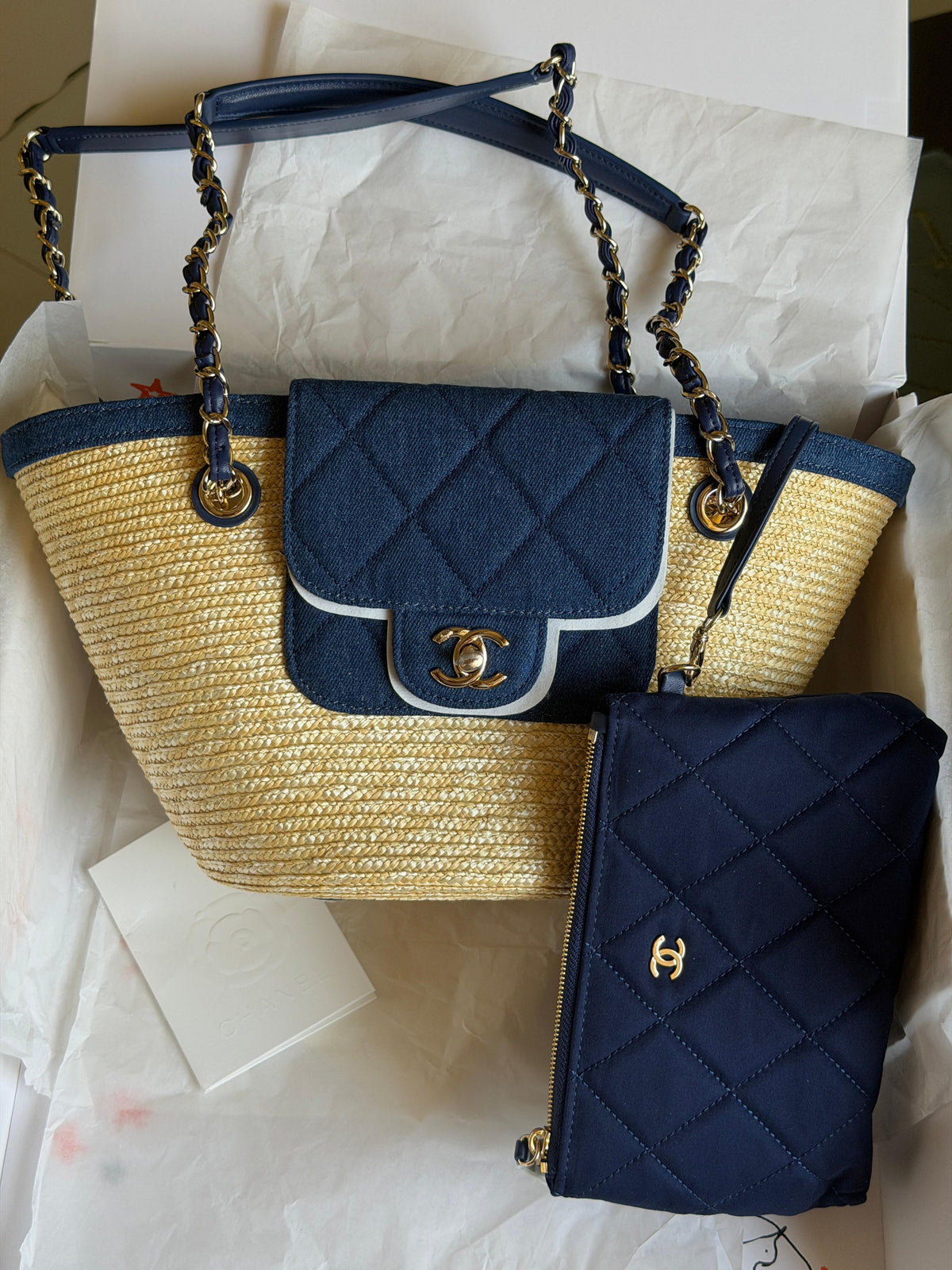 Chanel Raffia and Denim tote bag