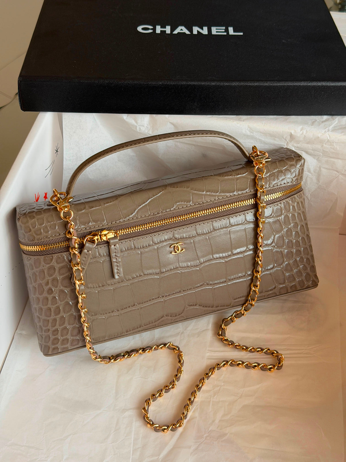 Chanel Crocodile Embossed Calfskin Slim Top Handle Vanity Case with Chain
