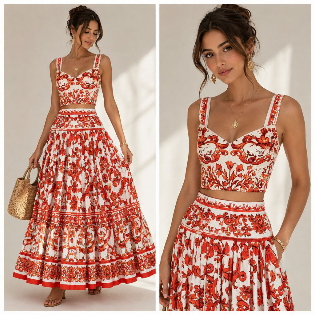 Dolce & Gabbana Orange Majolica-print Crop Top Set