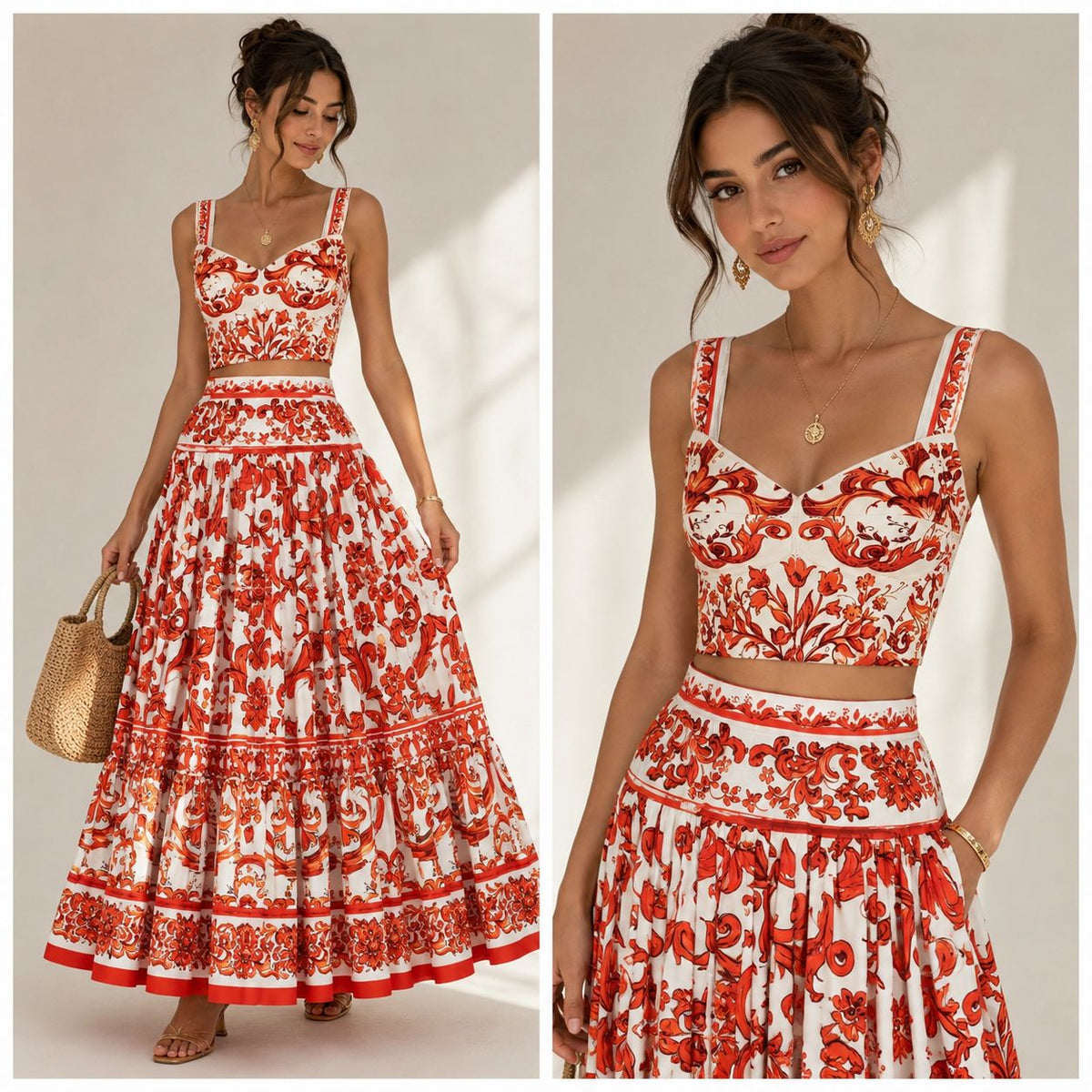 Dolce & Gabbana Orange Majolica-print Crop Top Set
