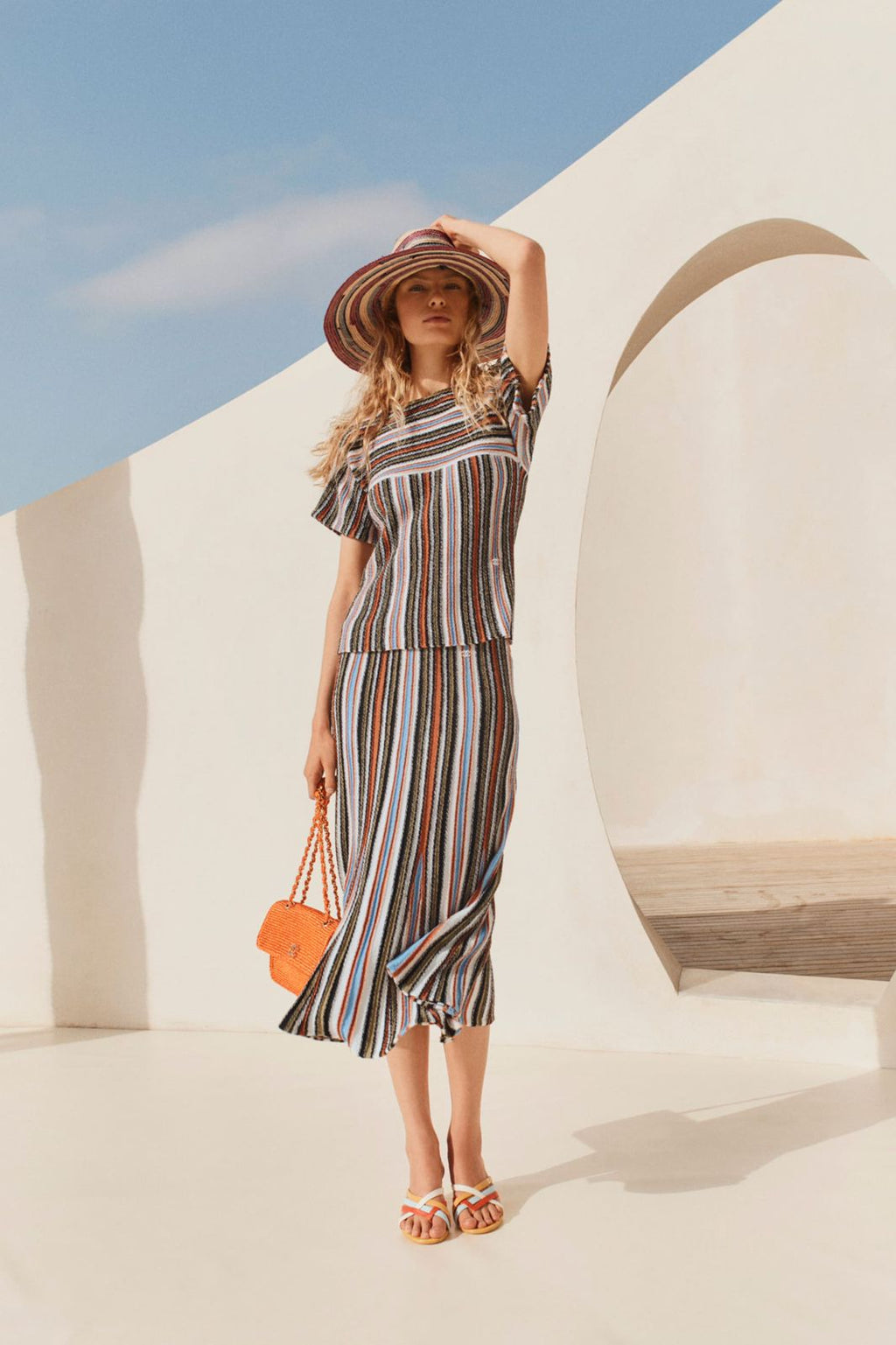 Chanel Top Cotton Khaki Blue and Orange set