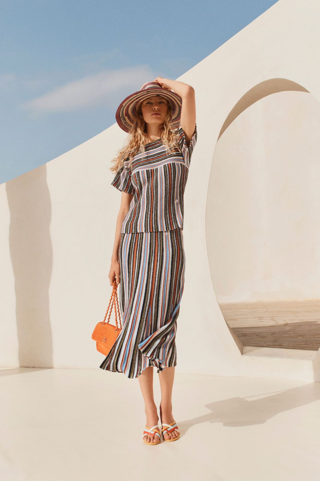 Chanel Top Cotton Khaki Blue and Orange set
