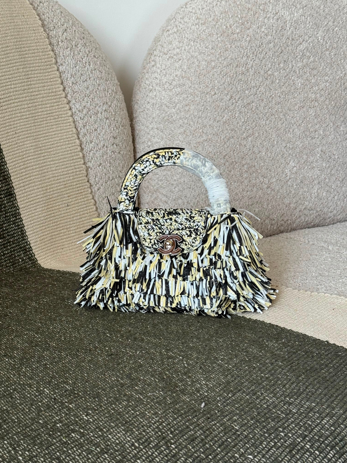Chanel Raffia Fringe Nano Kelly Shopper Bag