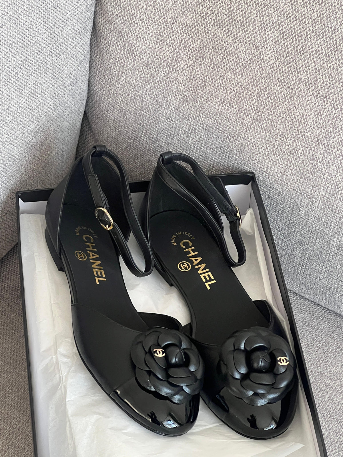 Chanel Lambskin Patent Calfskin Cap Toe Camellia Mary Jane Flats