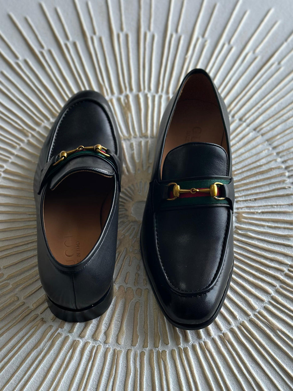 Gucci Black Leather Web Horsebit Loafers
